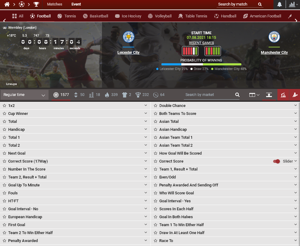 Статистика матча в БК 888STARZ